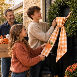 A pumpkin spice orange and white gingham wreath sash features two embroidered designs near the lower ends of the ribbon tails.
One side displays an orange pumpkin with a brown stem, green leaf, and curling vine details.
The opposite side features an elegant monogram letter “G” embroidered in matching orange thread.
Orange, brown, and green threads create a coordinated fall-themed stitched finish.