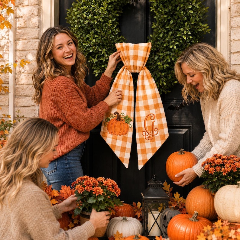 A pumpkin spice orange and white gingham wreath sash features two embroidered designs near the lower ends of the ribbon tails.
One side displays an orange pumpkin with a brown stem, green leaf, and curling vine details.
The opposite side features an elegant monogram letter “G” embroidered in matching orange thread.
Orange, brown, and green threads create a coordinated fall-themed stitched finish.