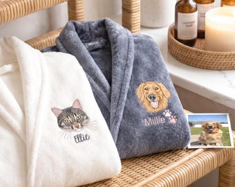 Father's Day Gift For Pet Lover - Embroidered Plush Robe For Dad And Mom With Pet Face - Custom Pet Bathrobe - Dog Mom, Cat Dad Gift