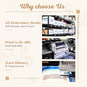Puede incluir: Imagen con el texto "Why choose Us" y "US Embroidery Studio". La imagen muestra un almac&eacute;n, una m&aacute;quina de bordar y la palabra "MEXICO" bordada en tela. El texto tambi&eacute;n menciona "Proof in 12-48h" y "Quick Delivery 3-7 days arrival".