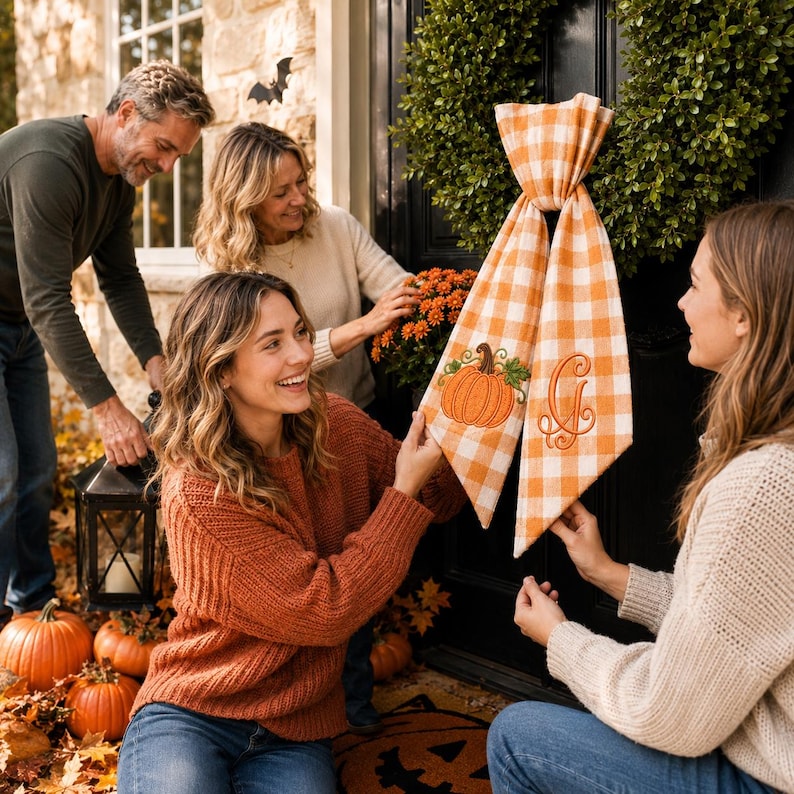 A pumpkin spice orange and white gingham wreath sash features two embroidered designs near the lower ends of the ribbon tails.
One side displays an orange pumpkin with a brown stem, green leaf, and curling vine details.
The opposite side features an elegant monogram letter “G” embroidered in matching orange thread.
Orange, brown, and green threads create a coordinated fall-themed stitched finish.