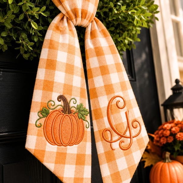 Lazo personalizado para corona de calabaza - Lazo bordado de monograma otoñal a cuadros para puerta - Decoración para la puerta principal de Acción de Gracias, regalo de inauguración de casa