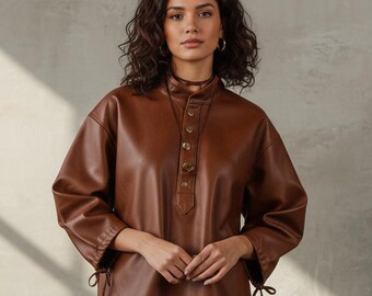 Brown Leather Tunic, Medieval Viking LARP Shirt, Renaissance Costume Top