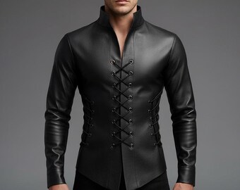 Black Leather Renaissance Shirt, Gothic Lace-Up, Medieval Pirate Top, Fitted Doublet
