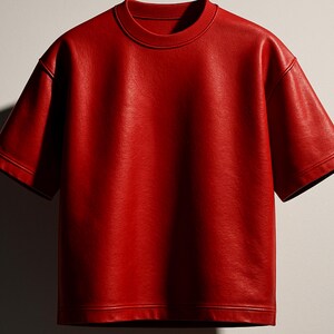 May include: A vibrant red, short-sleeved t-shirt. The shirt has a crew neck and a slightly oversized fit. The material appears to be a smooth, possibly leather-like fabric. The garment is a solid color with no visible patterns or graphics.