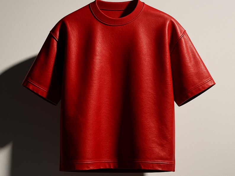 May include: A vibrant red, short-sleeved t-shirt. The shirt has a crew neck and a slightly oversized fit. The material appears to be a smooth, possibly leather-like fabric. The garment is a solid color with no visible patterns or graphics.