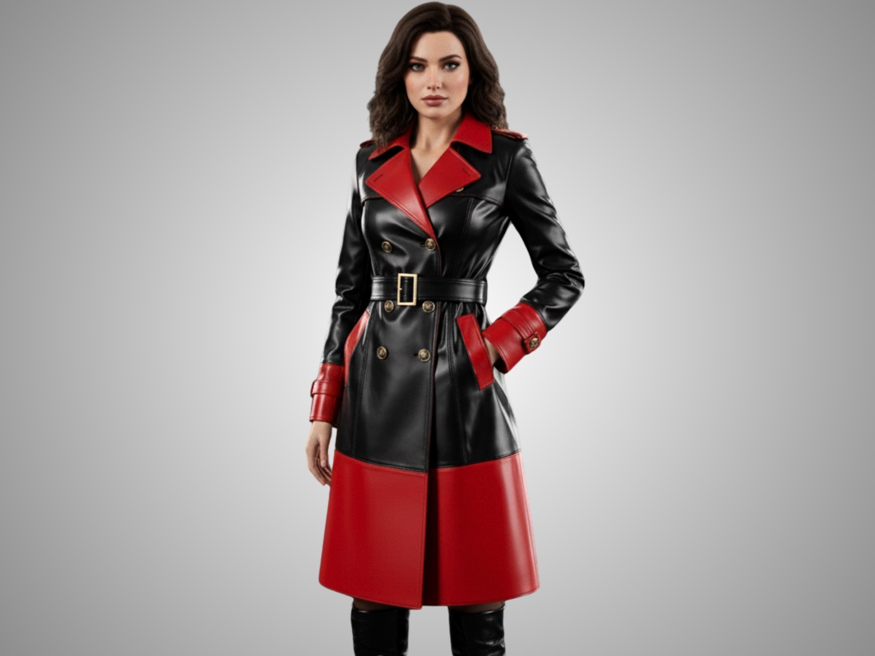 黒と赤のレザートレンチコート - ダブルブレストの冬用コート - Etsy 日本