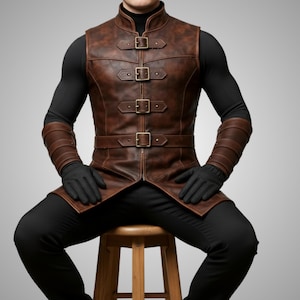 ハンドメイドブラウンレザーアーマーベスト：中世戦士コスプレ衣装
