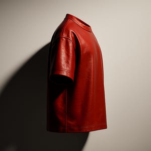 May include: A vibrant red leather t-shirt with short sleeves. The shirt has a crew neck and a smooth, polished texture. The garment is displayed against a neutral background, highlighting its bold color and design.