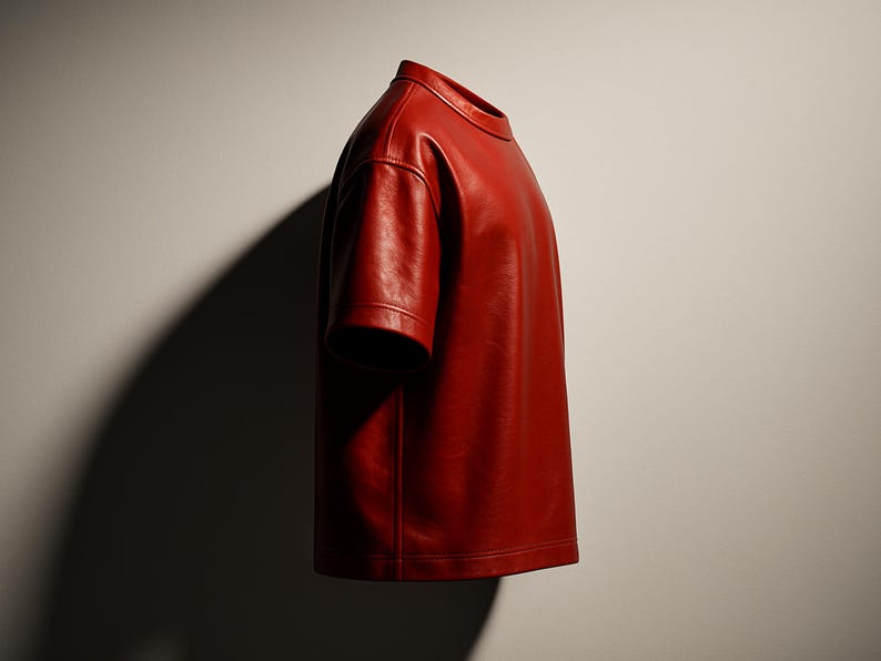 May include: A vibrant red leather t-shirt with short sleeves. The shirt has a crew neck and a smooth, polished texture. The garment is displayed against a neutral background, highlighting its bold color and design.