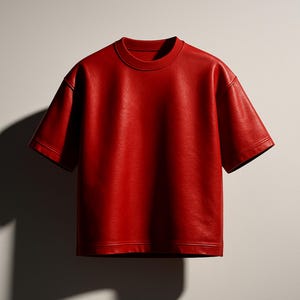 May include: A vibrant red leather t-shirt with short sleeves. The shirt has a crew neck and a smooth, textured surface. The garment is displayed against a neutral background, with a shadow cast to the left.