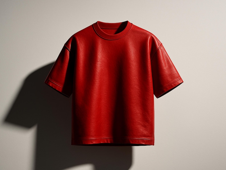 May include: A vibrant red leather t-shirt with short sleeves. The shirt has a crew neck and a smooth, textured surface. The garment is displayed against a neutral background, with a shadow cast to the left.