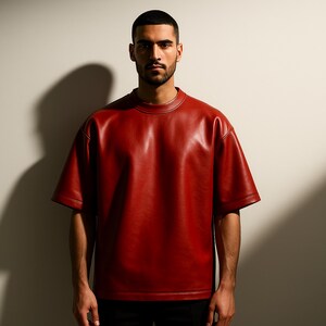 May include: A short-sleeved, red leather shirt with a crew neck. The shirt has a relaxed fit and is made of a smooth, shiny material. The model is wearing black pants.