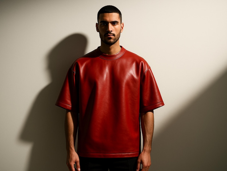 May include: A short-sleeved, red leather shirt with a crew neck. The shirt has a relaxed fit and is made of a smooth, shiny material. The model is wearing black pants.