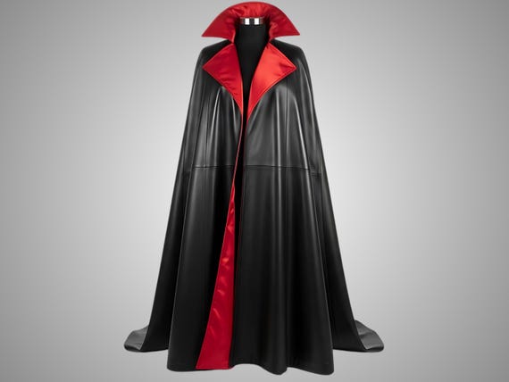 Handmade Gothic Vampire Cloak: Red Satin Lined Black Leather Cloak.