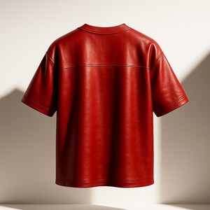 May include: A short-sleeved, red leather shirt. The shirt has a crew neck and a horizontal seam across the upper back. The sleeves are short and wide. The shirt is made of a smooth, shiny material.