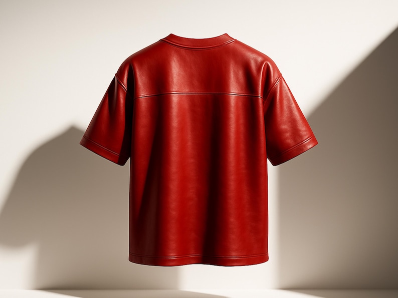 May include: A short-sleeved, red leather shirt. The shirt has a crew neck and a horizontal seam across the upper back. The sleeves are short and wide. The shirt is made of a smooth, shiny material.