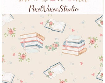 Naadloos vintage boek, Cottagecore Books digitaal bloemenpapier, romantisch leespatroon, afdrukbare achtergrond