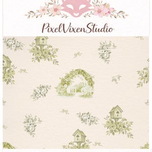 Op de afbeelding: Een naadloos patroonontwerp met een lichtbeige achtergrond, versierd met vogelhuisjes, rozen en strikken in groen- en wittinten. Het ontwerp bevat de tekst "Pixel Vixen Studio" en "Seamless Pattern Design".