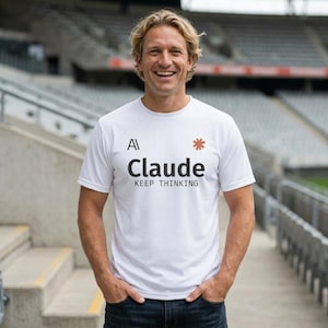 Puede incluir: Una camiseta blanca de manga corta con el texto AI, un pequeño símbolo de asterisco naranja, la palabra Claude en letras negras grandes y la frase KEEP THINKING impresa en letras mayúsculas negras más pequeñas en el pecho.