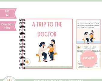May include: A spiral-bound book titled "A Trip to the Doctor" with illustrations of a doctor and a child. The image includes text "Little Stories, Big Feelings" and "Printable Social Stories + Parent Guide". A pink preview of a parent guide is also visible.