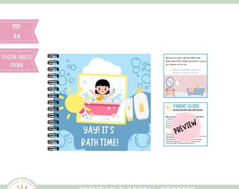 May include: A spiral-bound social skills storybook with the title "Little Stories, Big Feelings." The cover features a cartoon illustration of a child in a bathtub. The text "Yay! It's Bath Time!" is displayed. Additional pages include a story and a parent guide.
