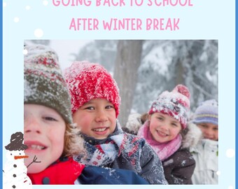 Könnte beinhalten: Foto von Kindern in Winterkleidung, die im Schnee lächeln. Der Text "GOING BACK TO SCHOOL AFTER WINTER BREAK" ist oben zu sehen. Das Bild wirbt für Sozialgeschichten für Kleinkinder und Vorschulkinder.