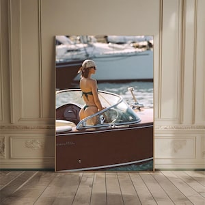 Pôster de barco de verão vintage, iate retrô, estilo de vida, moda, fotografia, arte de parede de luxo, dinheiro antigo, estética, impressão de glamour à beira-mar, decoração digital