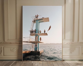 Summer Diving Tower Poster Retro Beach Photography Coastal Wall Art Seaside Print Summer Nostalgia Ocean Swim Digital Wall Decor