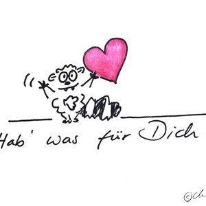 May include: A whimsical illustration of a cartoon sheep holding a pink heart. The text "Hab' was für Dich!" is written below the sheep. The artwork is in black ink with a white background.