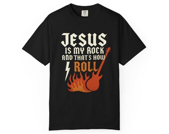 Jesus Is My Rock and That's How I Roll Flaming Guitar T-shirt