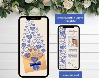 Tarjeta de agradecimiento de boda digital con corazones, plantilla personalizable de tarjeta de agradecimiento de boda animada en Canva, estilo puntillismo.