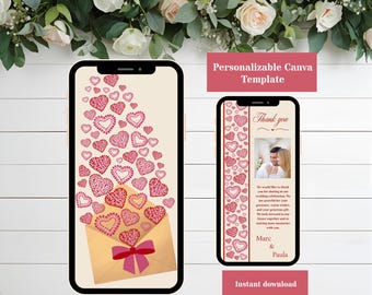 Tarjeta de agradecimiento de boda digital con corazones, plantilla personalizable de tarjeta de agradecimiento de boda animada en Canva, estilo puntillismo.