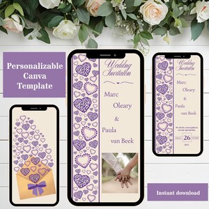 Op de afbeelding: Digitaal trouwkaart sjabloon weergegeven op drie smartphones. Het ontwerp toont paarse harten, een envelop en de tekst "Wedding Invitation". De sjabloon is aanpasbaar en direct te downloaden.