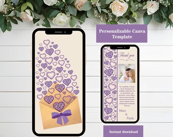 Tarjeta de agradecimiento de boda digital con corazones, plantilla personalizable de tarjeta de agradecimiento de boda animada en Canva, estilo puntillismo.