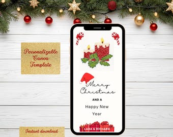 Digitale kerstkaart met kerstkaarsen, personaliseerbare Canva template kerst- en nieuwjaarsgroet, stipkunst, dot art stijl