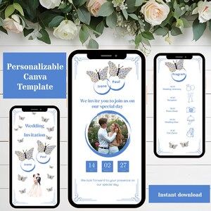 Op de afbeelding: Een digitaal trouwuitnodigingssjabloon weergegeven op drie smartphones. Het ontwerp bevat vlinders, bloemaccenten en de tekst "Personalizable Canva Template". De uitnodiging bevat de namen "Irene" en "Paul".
