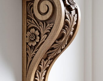 May include: A detailed wooden corbel with intricate floral and scroll carvings. The bracket is a warm brown color and features a decorative design, perfect for adding a touch of elegance to any space. It is mounted on a white wall.