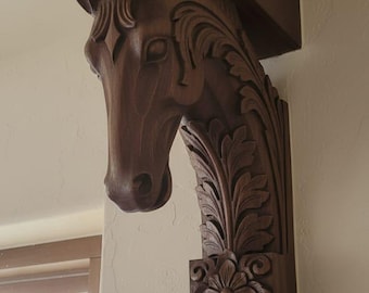 Solid Wood Horse Head Corbel  Handcrafted Architectural Bracket