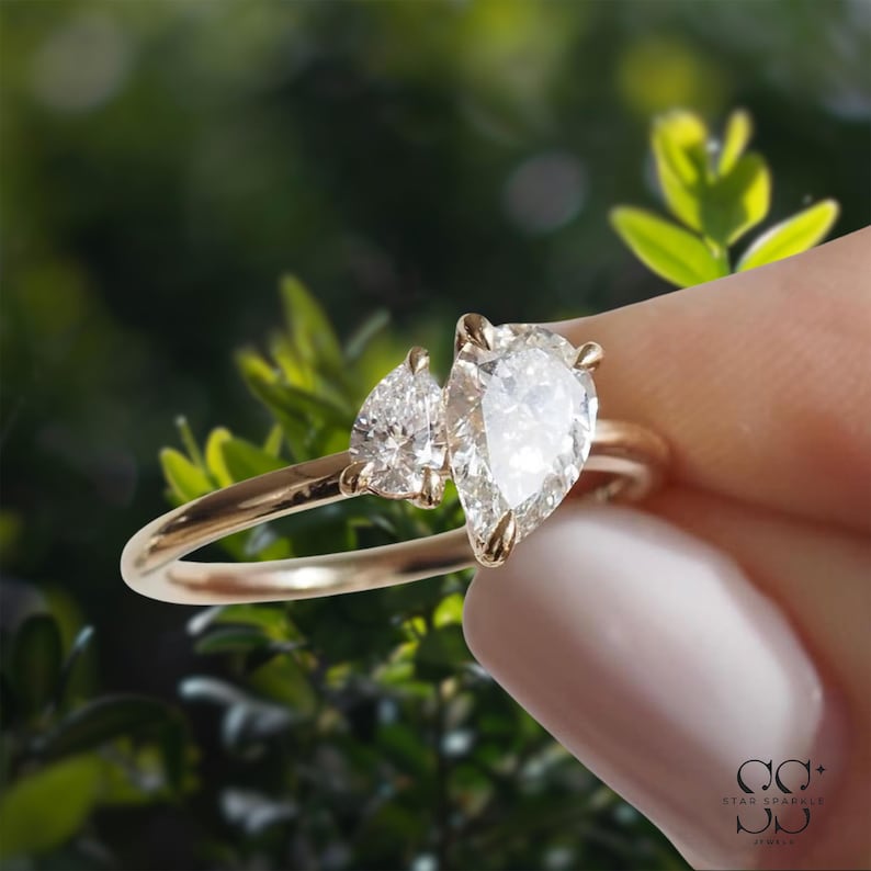 14K Gold Toi Et Moi Ring, 1.5ct Pear Cut Moissanite Two Stone Bridal ...