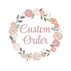 May include: A circular floral wreath illustration featuring various shades of pink and peach roses, buds, and green leaves. The text Custom Order is written in the center in a cursive, dusty rose-colored font against a plain white background.