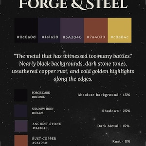 Può includere: Una guida alla tavolozza dei colori intitolata MOOD 02 FORGE & STEEL con cinque campioni: nero #0c0a0d, viola scuro #1e1a28, grigio scuro #3a3040, ruggine #7a4030 e oro #c9a84c. Include descrizioni testuali dei toni metallici e percentuali.