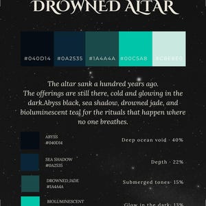 May include: A color palette chart titled MOOD 08 DROWNED ALTAR featuring five swatches: abyss black #040D14, sea shadow #0A2535, drowned jade #1A4A4A, bioluminescent teal #00C5A8, and sea foam #C8E8E0. Text describes the theme and lists percentage values.