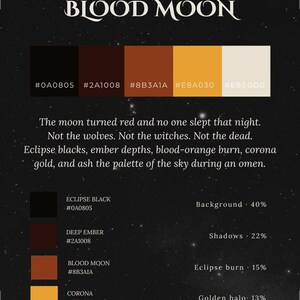 Pode incluir: Uma tabela de paleta de cores intitulada MOOD 07 BLOOD MOON com cinco amostras retangulares em preto, castanho escuro, laranja queimado, amarelo dourado e branco sujo. Inclui códigos hexadecimais, texto descritivo e percentagens.