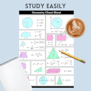 May include: A geometry cheat sheet with formulas and diagrams, including circles, triangles, and squares. The text "STUDY EASILY" is at the top. A cup of coffee and a pencil are on the right. A spiral notebook is on the left.