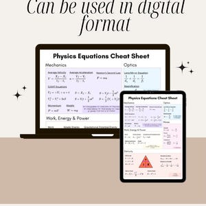 Pu&ograve; includere: Un laptop e un tablet mostrano un "Foglio di trucchi delle equazioni di fisica" con formule per meccanica, ottica ed elettricit&agrave;. Il testo "Pu&ograve; essere utilizzato in formato digitale" &egrave; in alto. Lo sfondo &egrave; beige chiaro.