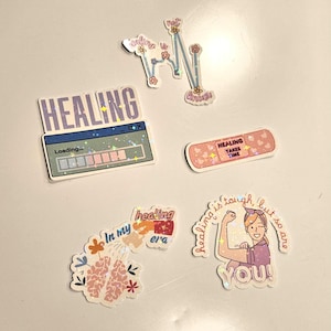 Pacote com 5 adesivos de cura | Adesivos de saúde mental | Adesivos de vinil para autocuidado | Vibrações positivas | Adesivos para laptop, diário e garrafa d&#39;água