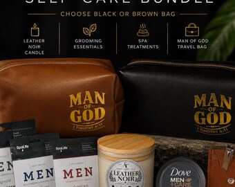 Manscaping-cadeauset voor zelfverzorging | Man of God-toilettas | Leren kaars noir