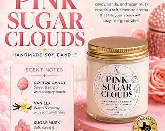 Świeca sojowa Pink Sugar Clouds, ręcznie robiona | Luksusowa świeca 4 uncje | Angel Trumpet LLC