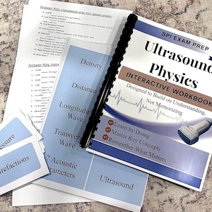Puede incluir: Un libro de trabajo interactivo de física de ultrasonido con encuadernación en espiral, cubierta blanca con detalles en azul, una ilustración de transductor médico y el texto SPI EXAM PREP. Incluye tarjetas de estudio y hojas de respuestas.